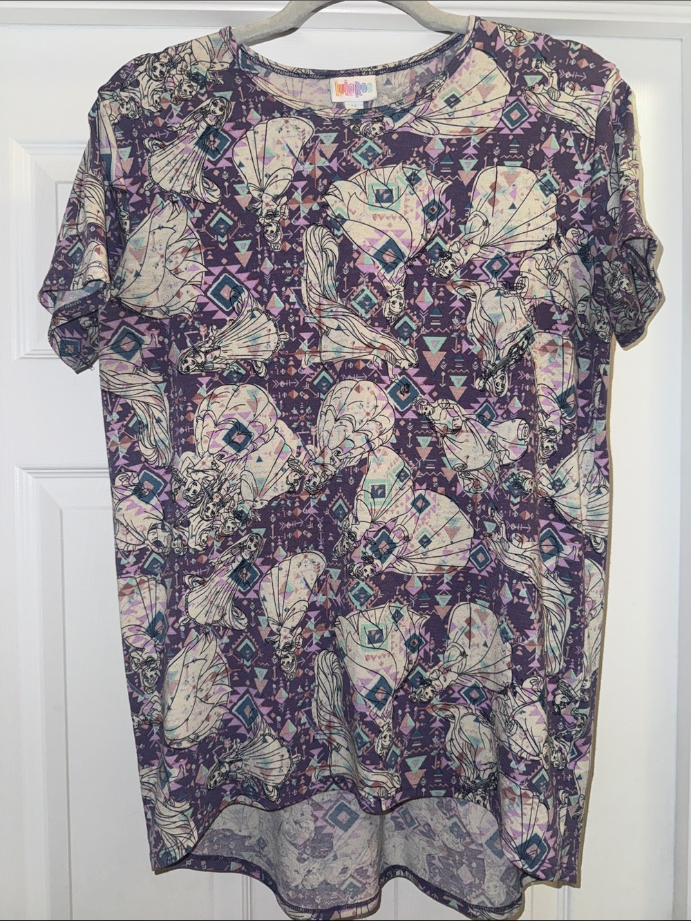 LuLaRoe Purple Short Sleeve Top with Cream & Teal Motif